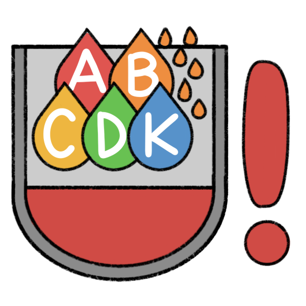 a grey container with a rounded bottom, partially filled with red liquid, with colorful droplets with the letters of various vitamins above the liquid. There is a red exclamation point next to it.